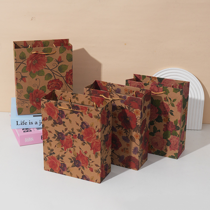 ins复古风玫瑰花牛皮纸袋  生日礼物包装袋  高级感礼品袋  纸袋