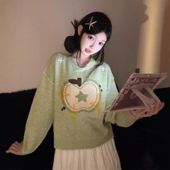 日系可爱减龄圆领套头慵懒休闲风提花浅绿色毛衣上衣女内搭针织衫