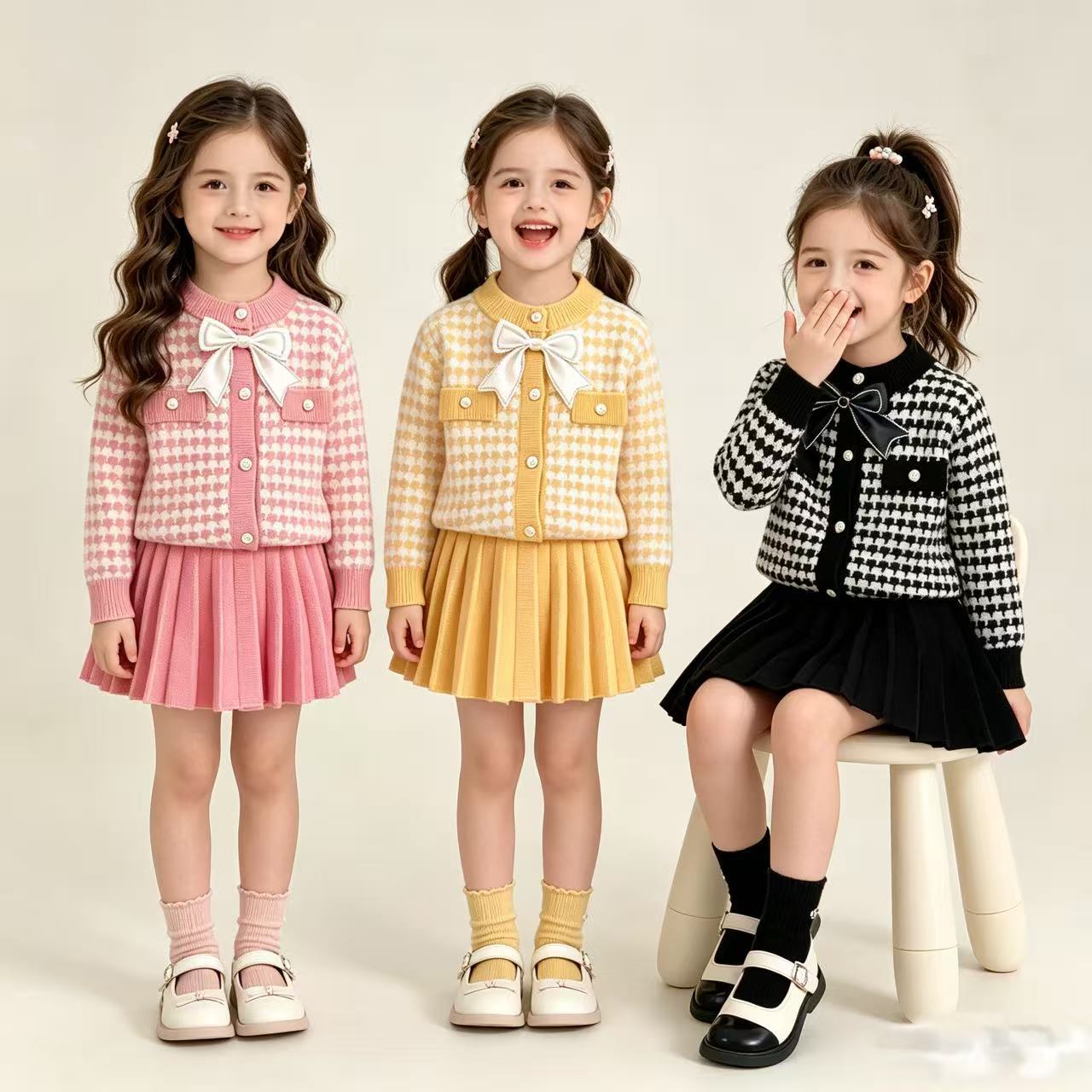 JINYONG Korean Style Girls' Chanel-Style Cardigan Suit Skirt - Chic Knitted Round Neck Jacket Skirt