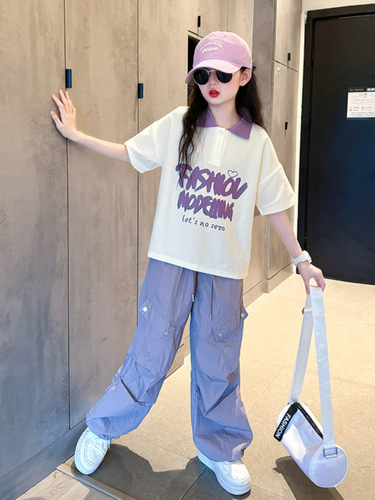 Kids' Clothing for Girls—Summer Fashionable 2024 New Arrival Mid-to-Large Size Korean-Style Stylish Lettered Casual Loose Two-Piece Set