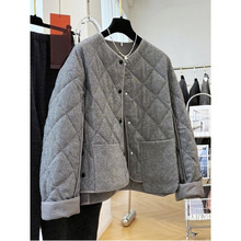 高级感羊毛呢子夹棉短款外套女秋冬巨好看的韩系菱格棉服棉衣夹克