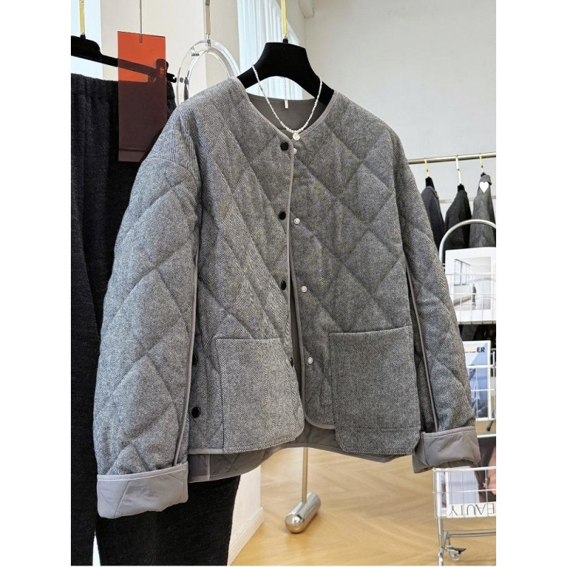 高级感羊毛呢子夹棉短款外套女秋冬巨好看的韩系菱格棉服棉衣夹克