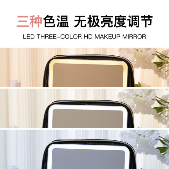Internet Celebrity Cosmetic Bag with Mirror Led Light Large Capacity Portable Cosmetic Case Multi-Functional Partition Layered Handbag
