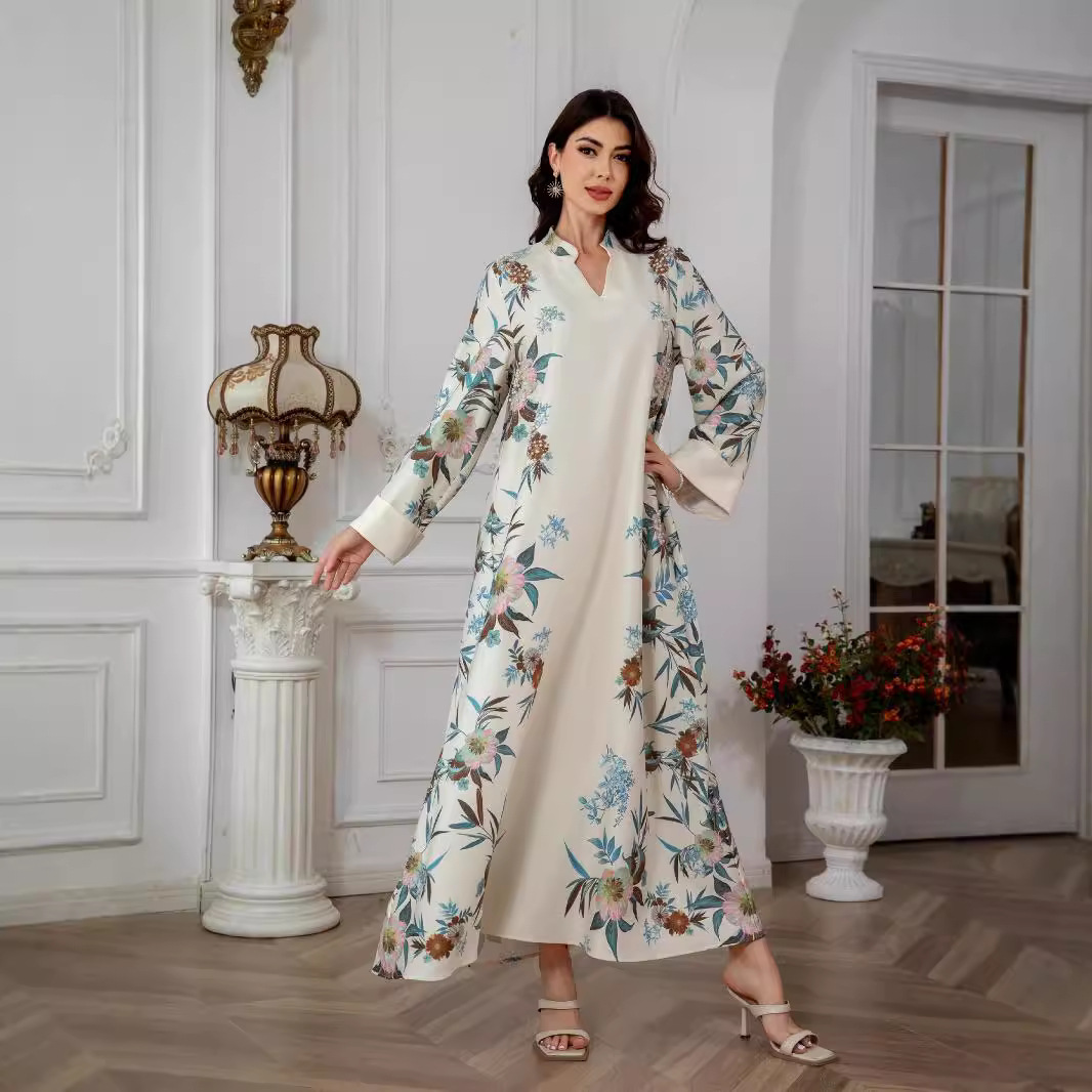 SW0803 Middle East Cross-Border Muslim Women's Robe Dubai Printed Long Dress Elegant And Stylish_ecoleips.com