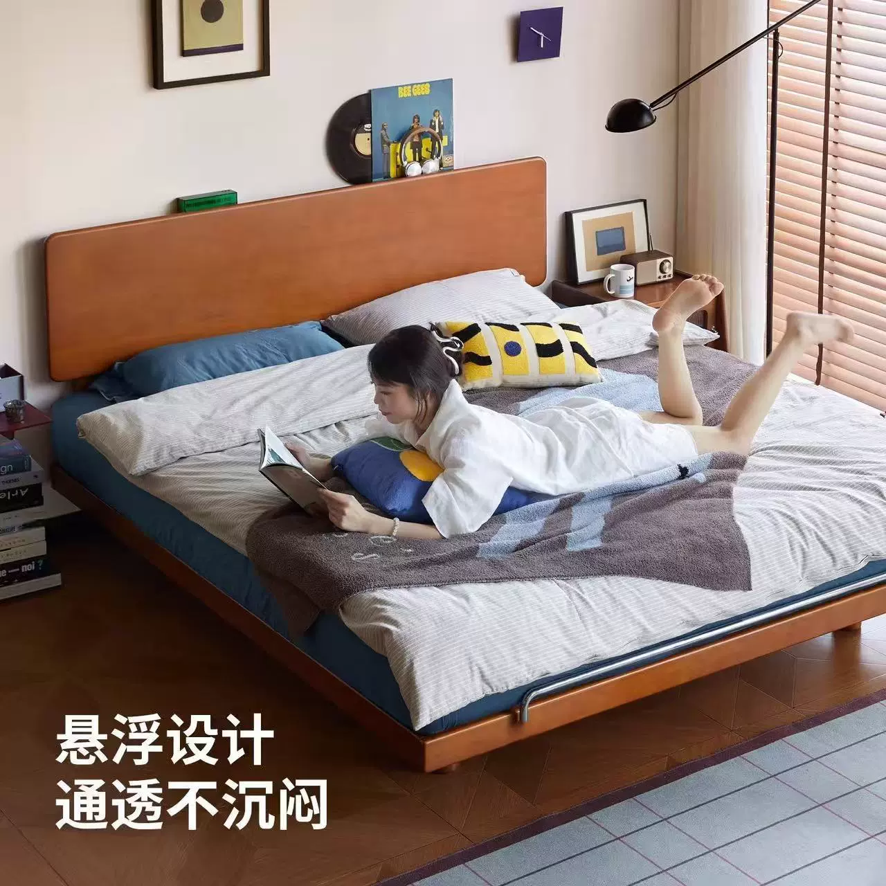 包豪斯齐边床小户型1.5米次主卧中古简约双人床1.8m悬浮实木床