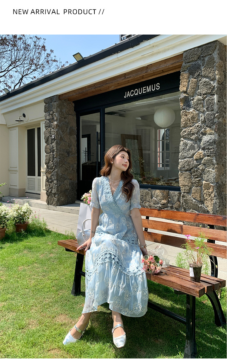Đầm maxi nữ tay bồng ren hoa V cut-out phong cách Pháp cung đình — xanh lam, màu hồng, màu mơ chi tiết 22