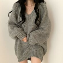 宽松领大毛衣女春秋装显瘦百搭中长款慵懒风针织衫毛衣上女