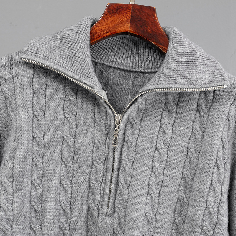 Ensemble pull en maille torsadée épaisse à demi-zip et pantalon large pour femme, collection automne-hiver. Deux pièces de haute qualité, coupe ample._voghion.com