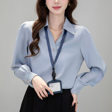 2025现货现货早秋V领金扣长袖衬衫女面试职业白色小众通勤衬衣