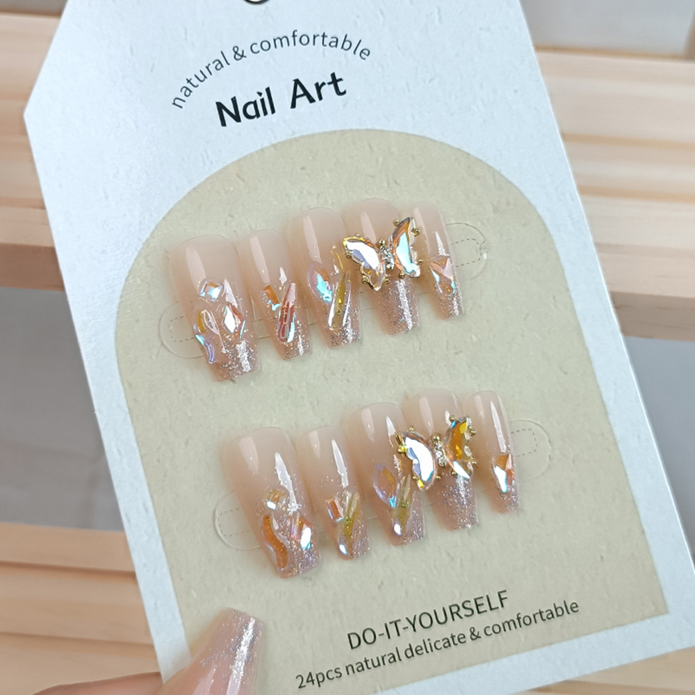 Uñas Postizas de Gel Grueso con Diseño de Hadas, Elegantes Pegatinas de Uñas con Cristales Aurora y Mariposas Brillantes, 24 Piezas