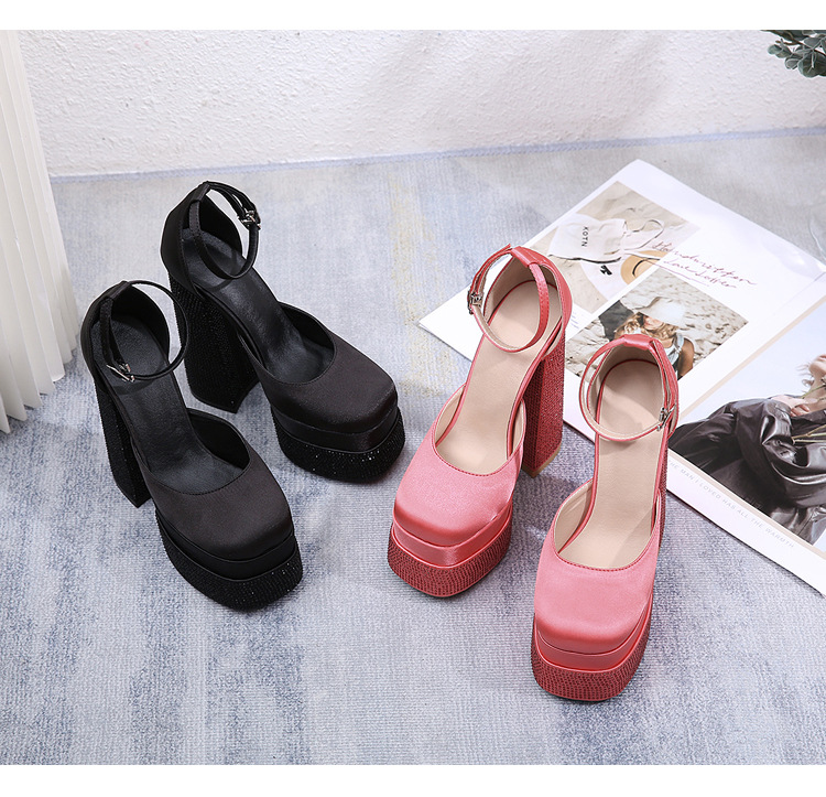 Giày cao gót sandal nữ đính đá rhinestone, đế platform, quai satin, phù hợp dự tiệc và trình diễn thời trang — Màu đen chi tiết 17