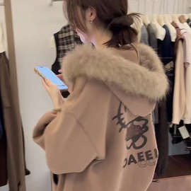 加开衫外套连帽卫衣女冬美式绒毛宽松2025国复古加厚领潮牌慵懒风