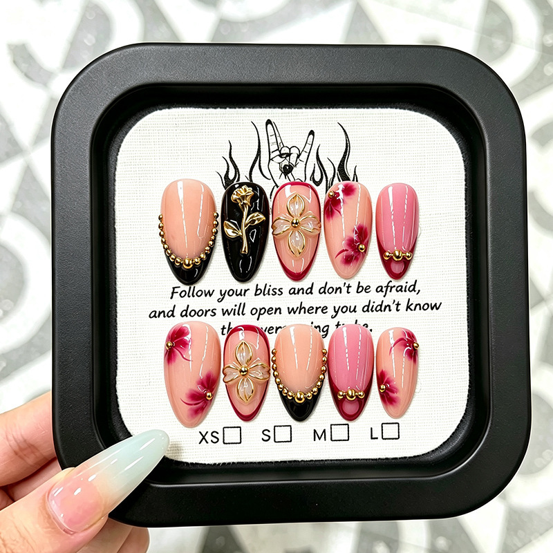 Handmade 3D rose French-style steel bead elegant almond-shaped artificial nails, available for cross-border wholesale Handmade 3D rose French-style steel bead elegant almond-shaped artificial nails, available for cross-border wholesale