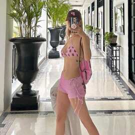 厂家直销泰国甜心炮弹泳衣女粉红小熊辣妹比基尼短裤套装女BIKINI