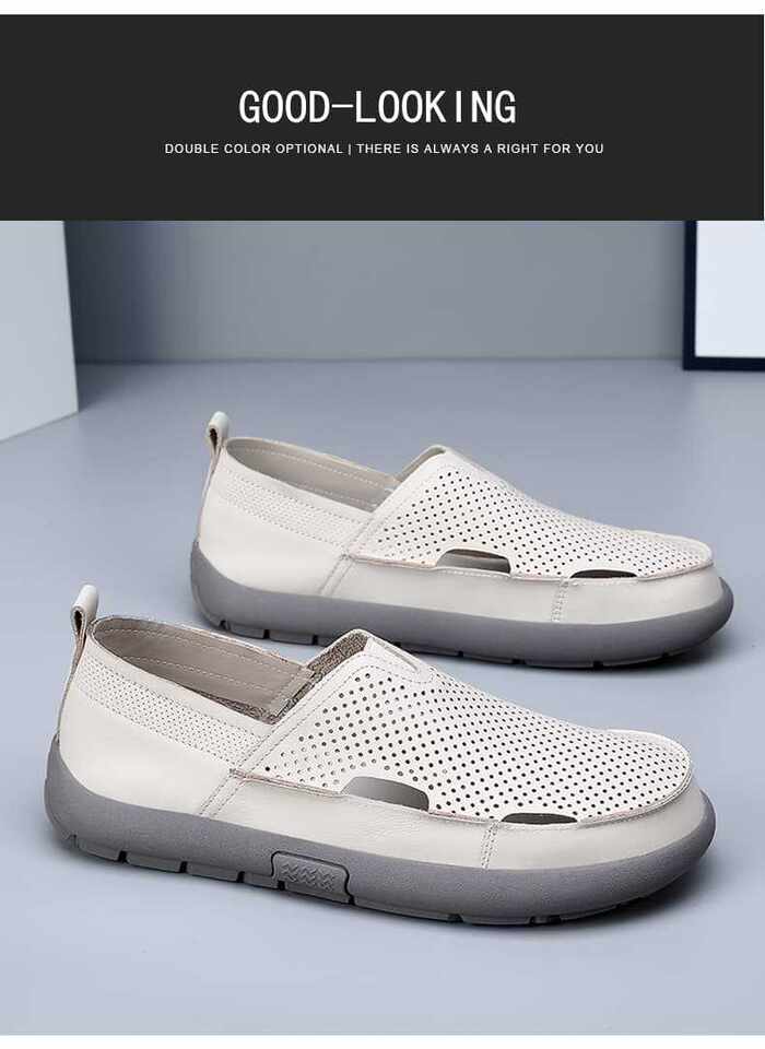 Dép sandal nam da bò đế bằng mũi tròn kiểu lười thoáng khí, đế cao 1 cm — Trắng CB9926-2, Đen CB9926-2 chi tiết 6