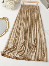 G 50841 Metallic Pleated Maxi Skirt ����ɫ���޳�ȹ �羳