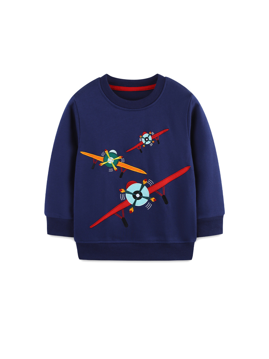 Nuevos productos de otoño Suéter para niños Suéter para niños de cuello redondo de estilo europeo y americano Sudadera de manga larga para niños bordada de avión de dibujos animados