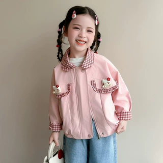女童秋季可爱拼色格子外套2026新款儿童宝宝洋气翻领粉色夹克上衣