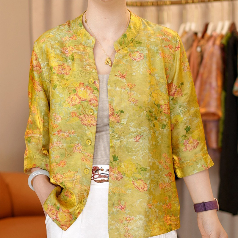 New Chinese-Style National Style Three-Quarter Sleeve Shirt, Thin Summer Floral Shirt for Moms, Cardigan Top, Plus-Size Youthful Blouse