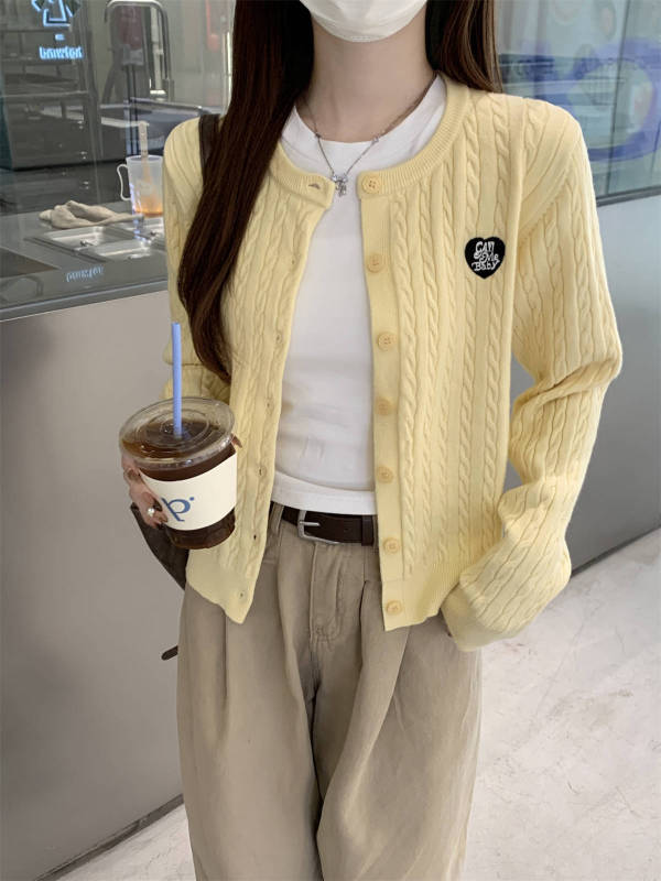 藏青色显白圆领麻花刺绣针织衫女2025春秋季小个子设计感毛衣外套|undefined