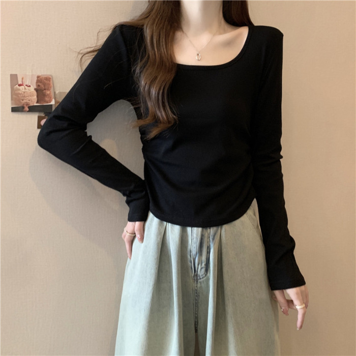 雰囲気の新しい秋の服の中には方襟の底のシャツの女性の服のデザイン感の上着の長袖の肩のtシャツの女性のタイプがあります。|undefined