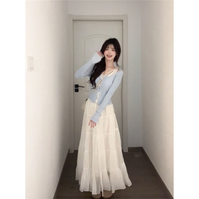 小个子女生的春秋时尚流密码蓝色纯欲风蝴蝶结假两件上衣配半身裙|undefined