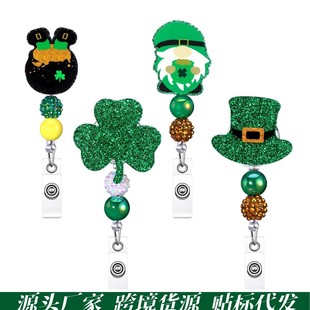 Cross-border glitter green retractable easy pull-up buckle St. Patrick's Day badge ID buckle hat clover easy pull-up