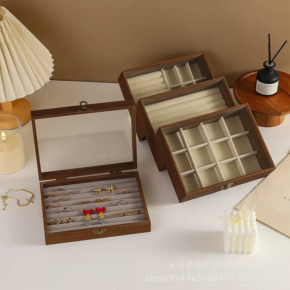 胡桃木首饰盒珠宝耳环戒指项链手镯饰品收纳盒