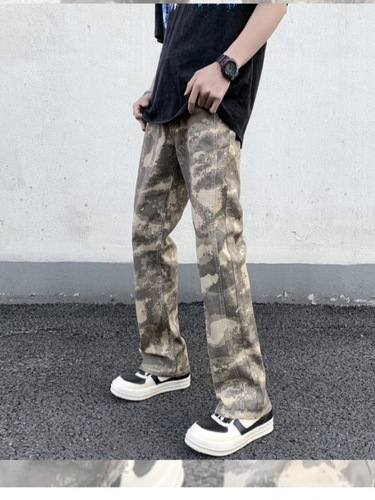 American Retro Light Color Floral Camouflage Jeans for Men, Fashion Long Pants, High Street Summer Slim Straight Pants