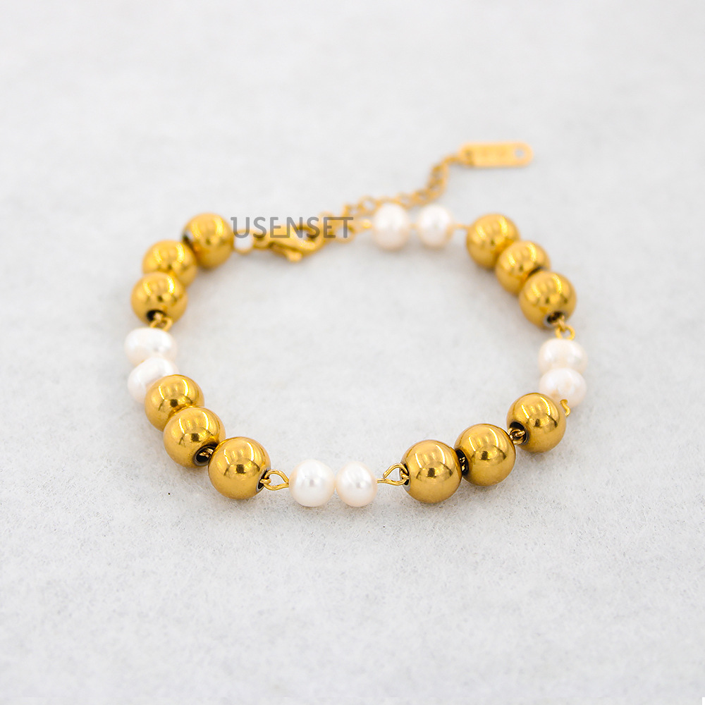 Retro Geometric Titanium Steel Gold Plated Pearl Bracelets