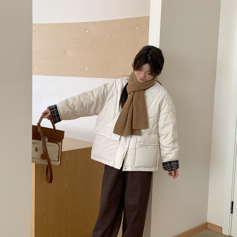 韩系学院风蓝色菱格羽绒棉服女秋冬季新款宽松轻薄休闲慵懒风外套|undefined