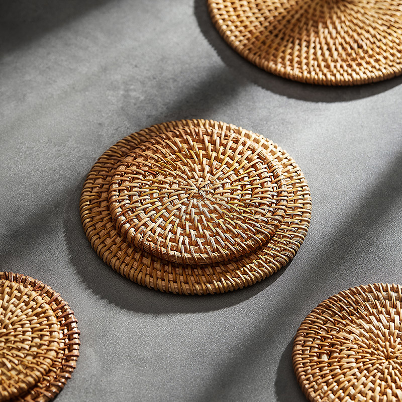수제 등나무 단열 매트 식탁 매트 화상 방지 원형 그릇 매트 야채 접시 매트 차 세트 액세서리 차 매트 코스터 접시