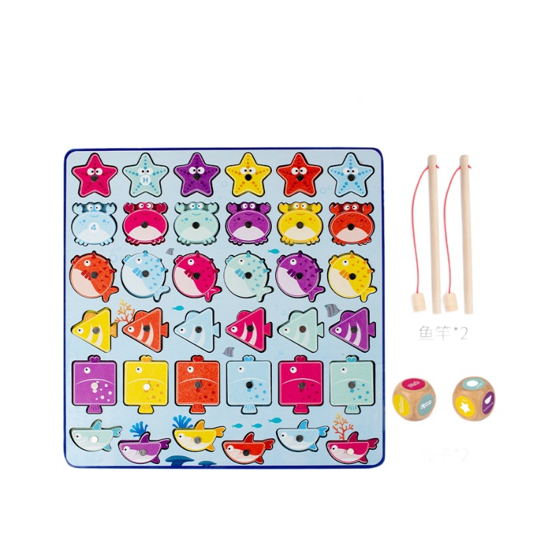 Wooden cognitive magnetic marine toy for fishing