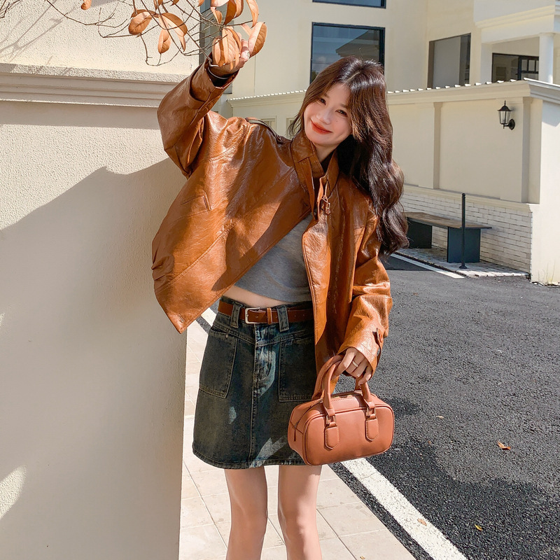 Real Shot of Retro Stylish Yellow Waxed Leather Jacket for Women 2026 Spring and Autumn Sweet Cool Stand Collar Biker Style Pu Leather Jacket