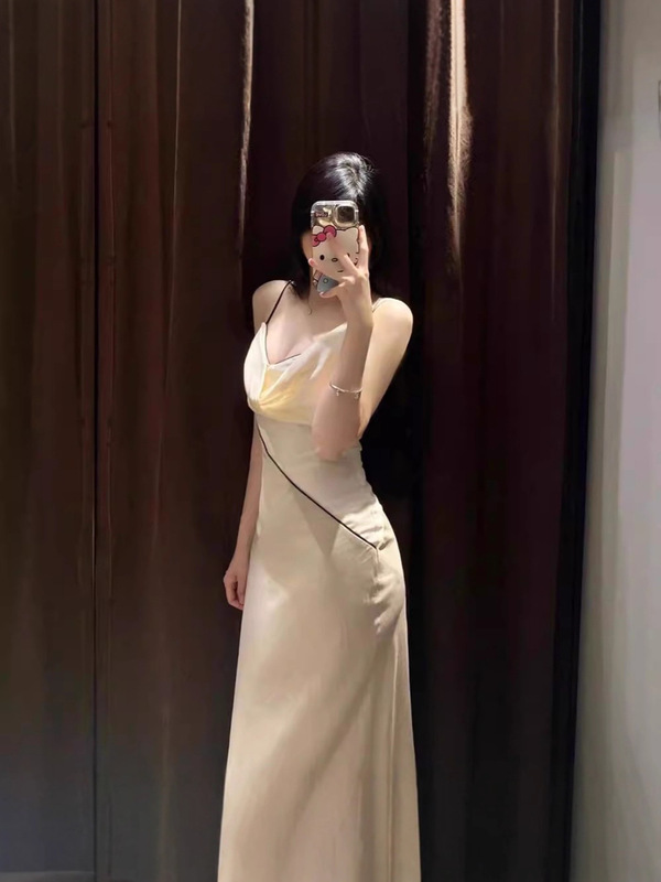ZR外贸女装批发 欧美风撞色拼接褶垂V领吊带长裙连衣裙 5029116|undefined