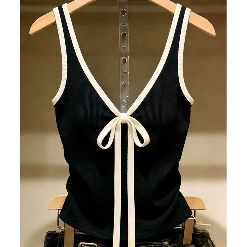 2026 Summer New Design Bowknot Camisole with Contrasting Color Straps and V-Neck Sleeveless Top for Outerwear