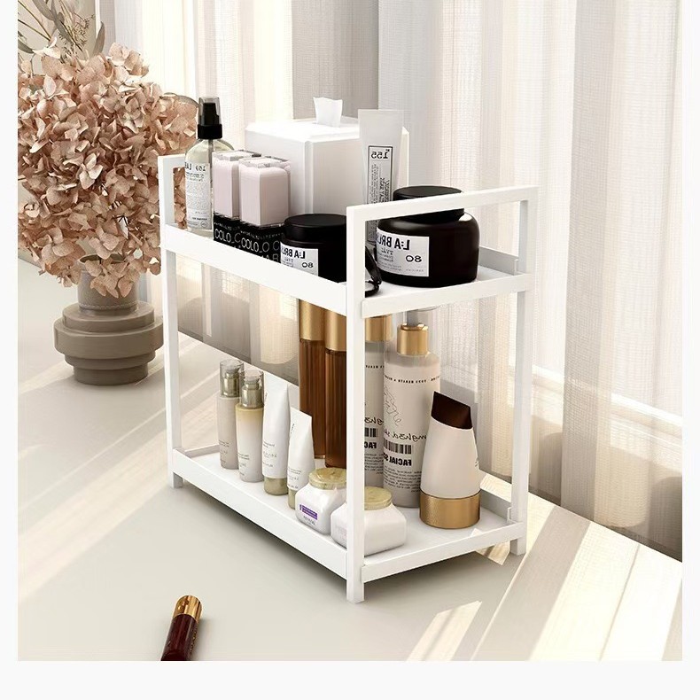 Estante de almacenamiento de escritorio Estante de doble capa Estante de vestuario Estante de acabado de plástico de cocina Estante de cosméticos Perfumes Estante de baño