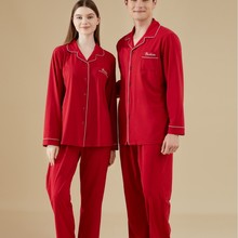 芬腾红色睡衣女春秋款结婚新婚情侣纯棉家居服男士大码本命年套装
