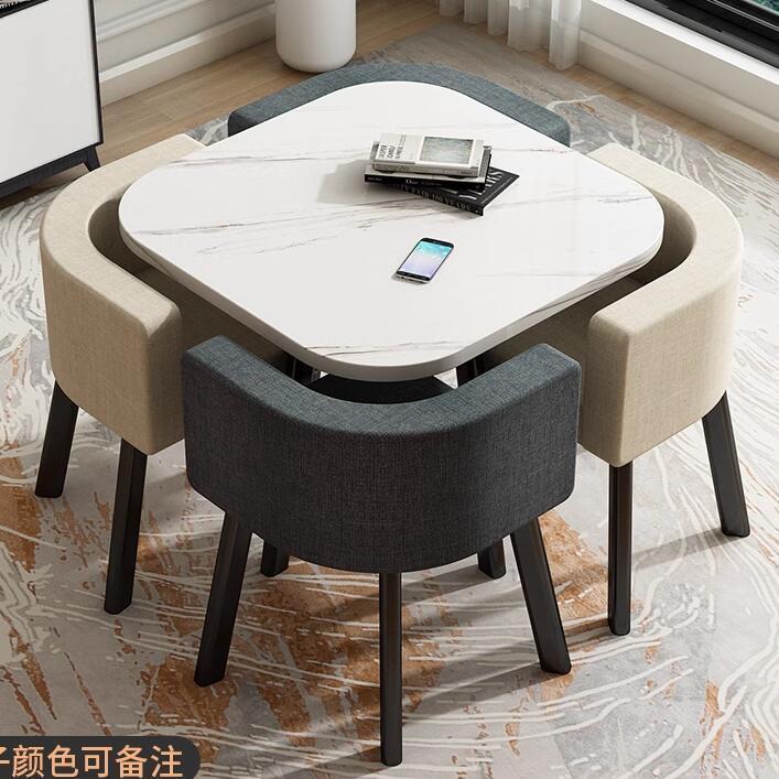 80CM 패턴 사각 테이블 + 어두운 천 의자 2개와 밝은 천 의자 2개