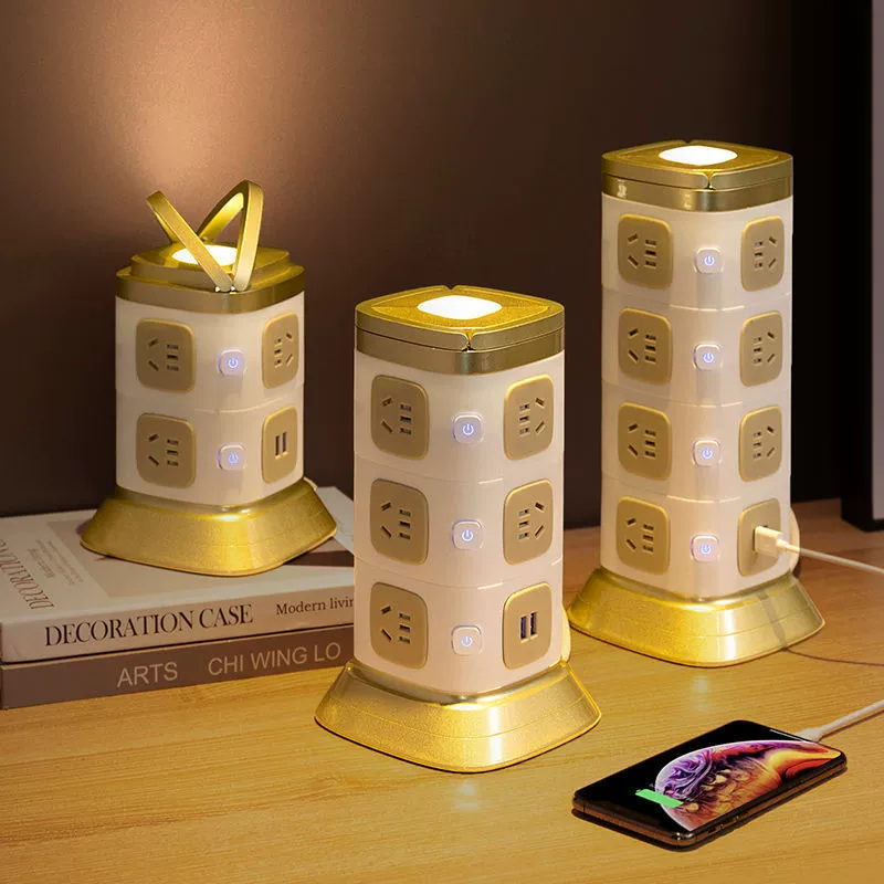 Золотой трехмерный ночной маяк, многоуровневый USB, многофункциональная офисная розетка, пористое пропускание, проводка