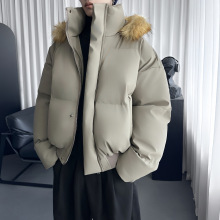 冬季简约新款毛领复古设计可拆卸美式加厚棉服2025棉衣皮质外套男