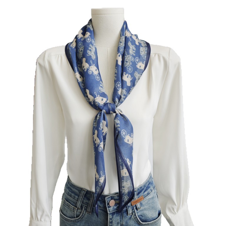 Azul retro carro bufandas de seda mujer 2025 primavera y verano nuevo estilo de alta calidad de seda simulada bufandas de diamante de moda