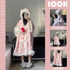 蝴蝶结小猫咪连帽珊瑚绒睡袍女秋冬季毛绒加厚斗篷睡衣家居服外穿