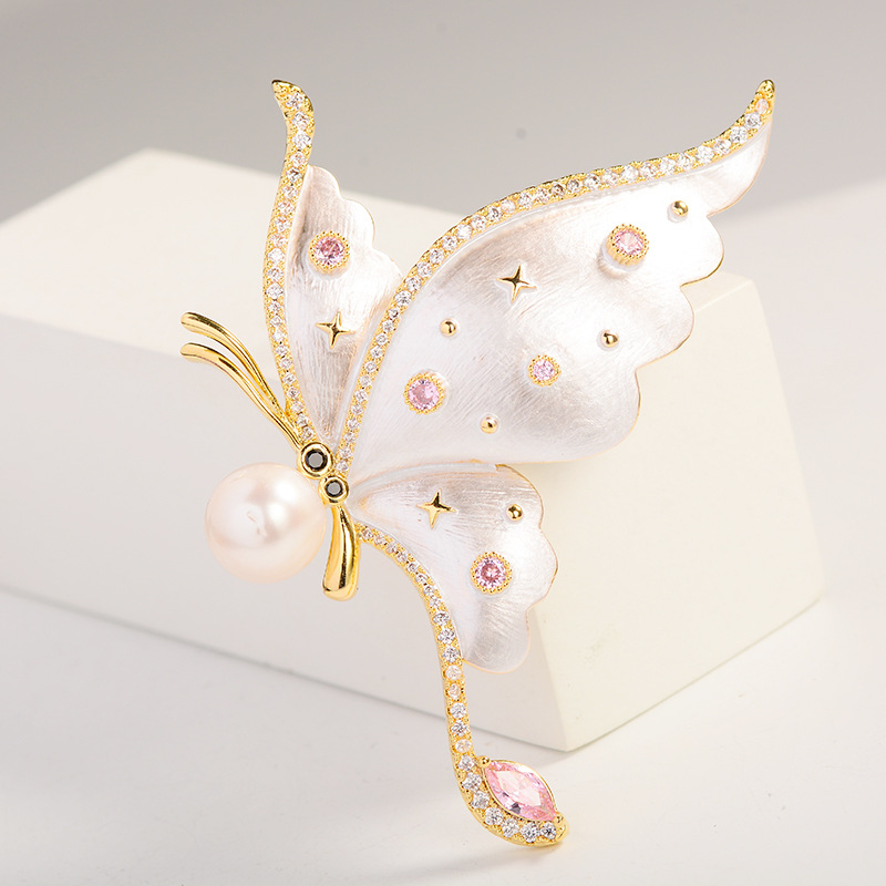 Brooch for Women, Classy Enamel Butterfly Brooch, Pearl Fashion Suit Hat Accessories Insect Pin