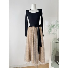 坏女人拥有长袖连衣裙女冬磨毛气质坎肩撞色长裙