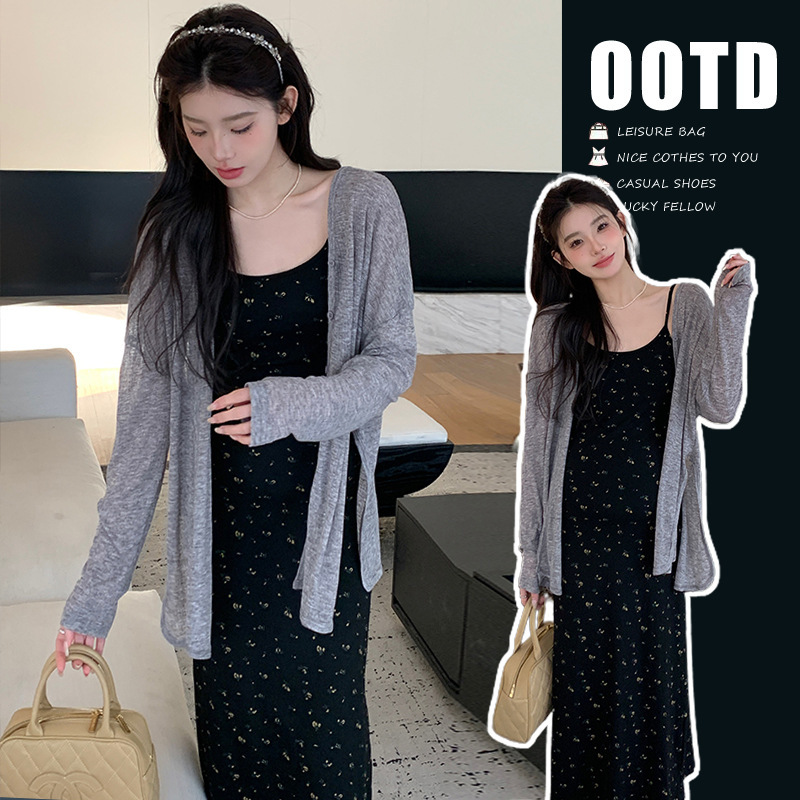 Vintage Holiday Style Floral Slip Skirt Lazy Style Sun-proof Cardigan Two-piece Maternity Dress