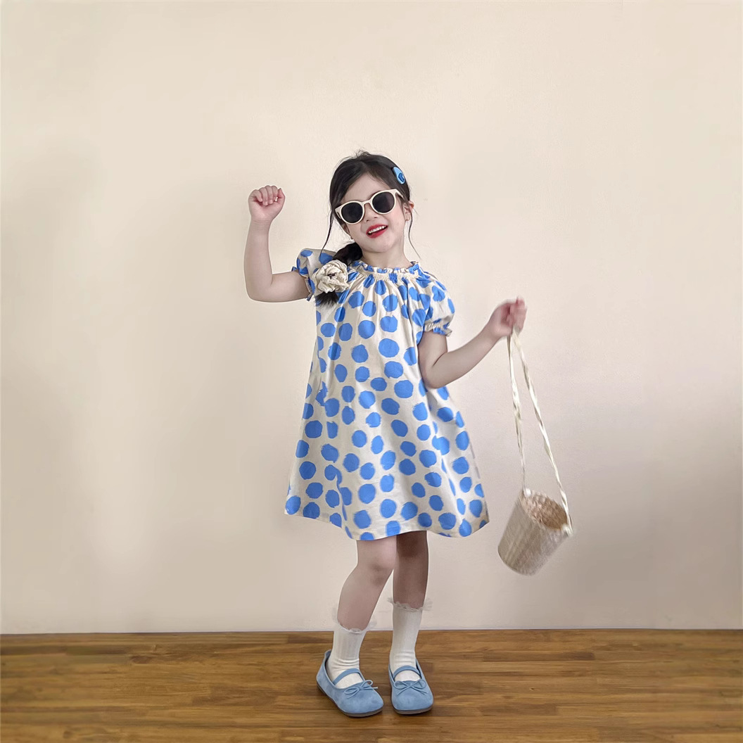 2025 New Summer Korean Style Children's Clothing Girls' Fresh Polka Dot Puff Sleeve Dress Sweet Short-Sleeved Skirt