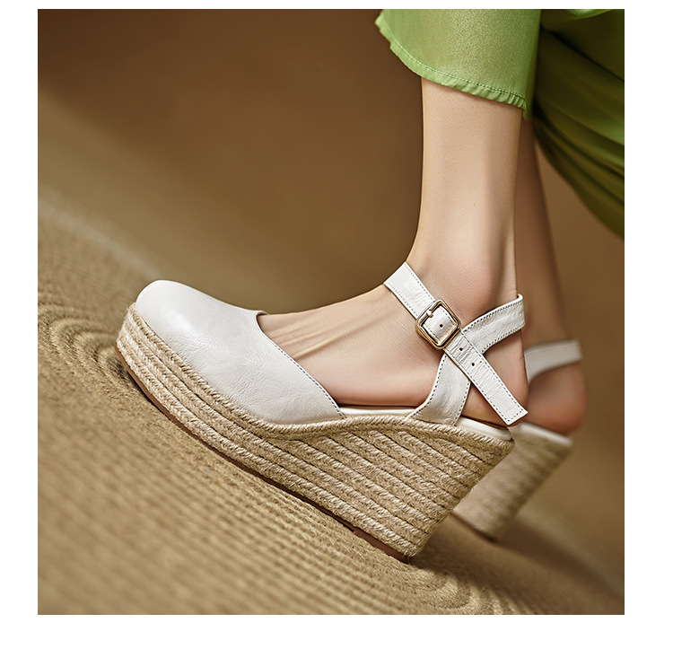 Sandal cao gót nữ quai ngang đế xuồng đan rơm, gót 9 cm — Rượu vang đỏ, màu trắng ngà chi tiết 12