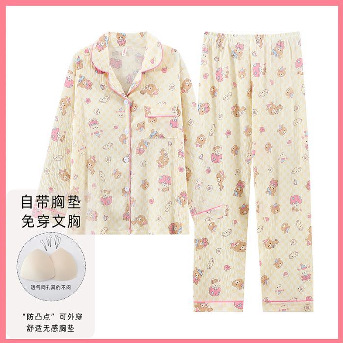 Nube de algodón pijama de primavera y otoño dulce dibujos animados con cojín de pecho cardigan de manga larga pantalones largos dos piezas de ropa de hogar