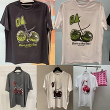 25春夏新款小众设计字母樱桃做旧印花圆领宽松纯棉短袖T恤上衣